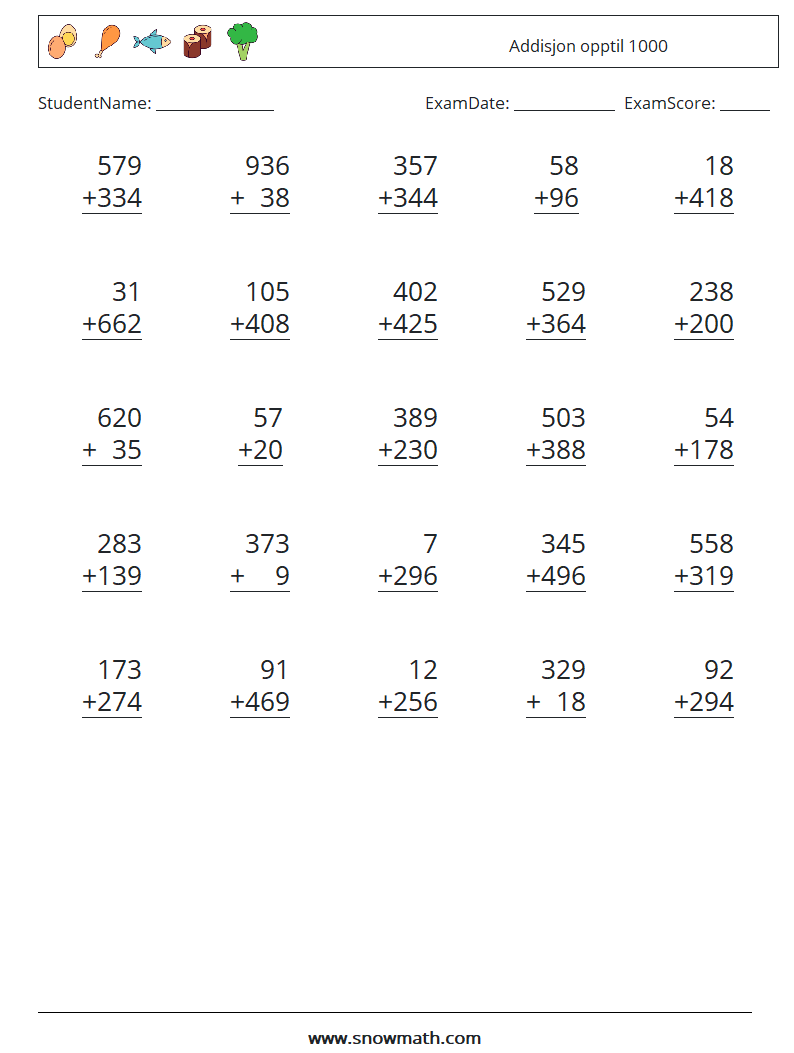 (25) Addisjon opptil 1000 MathWorksheets 16