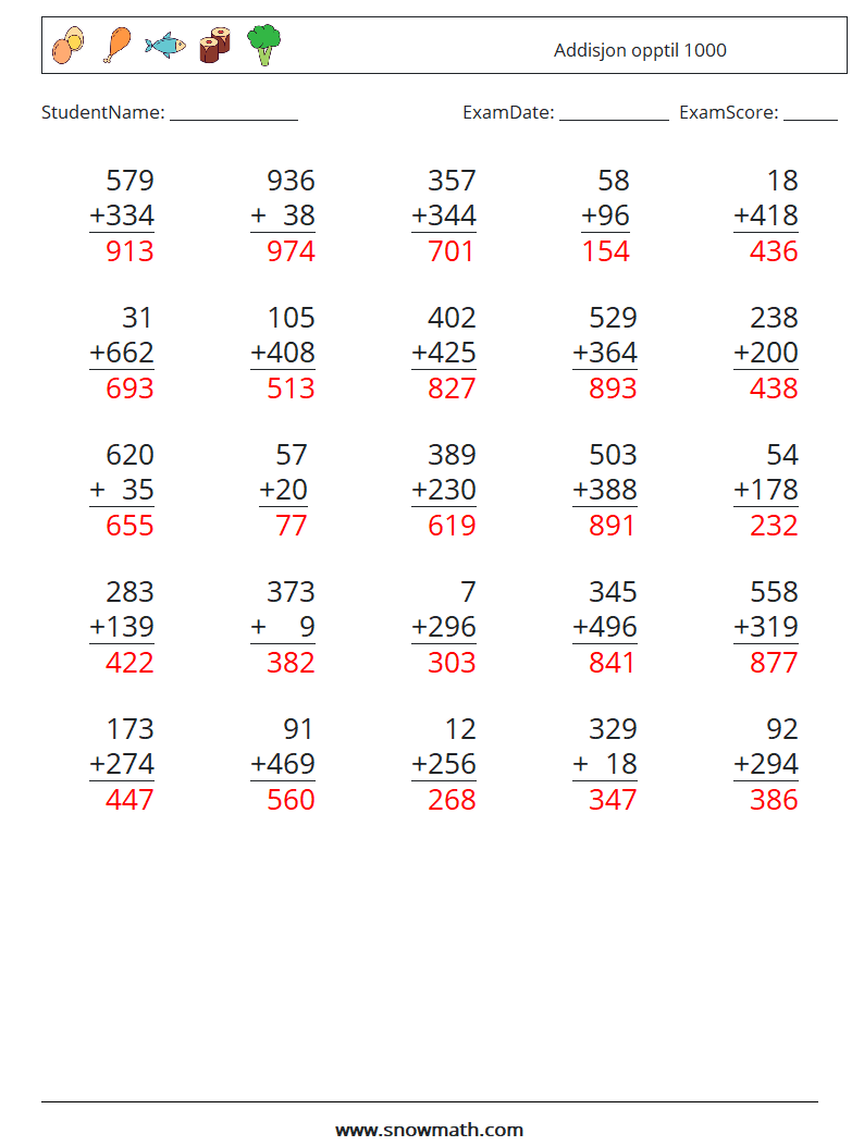 (25) Addisjon opptil 1000 MathWorksheets 16 QuestionAnswer