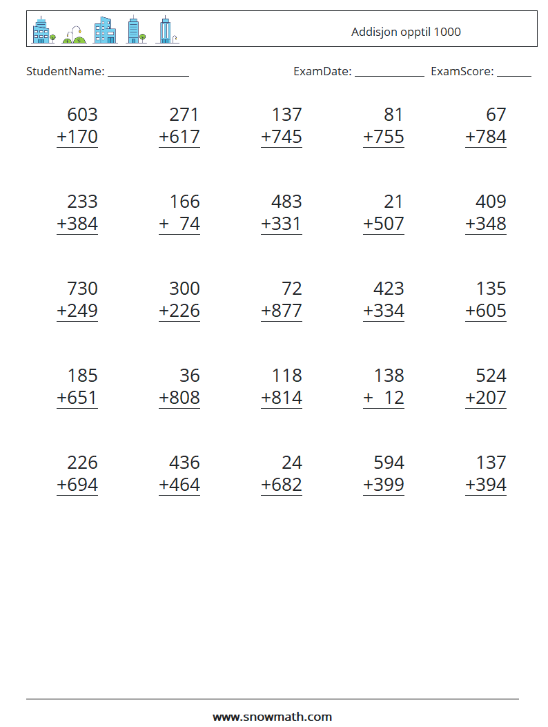 (25) Addisjon opptil 1000 MathWorksheets 17