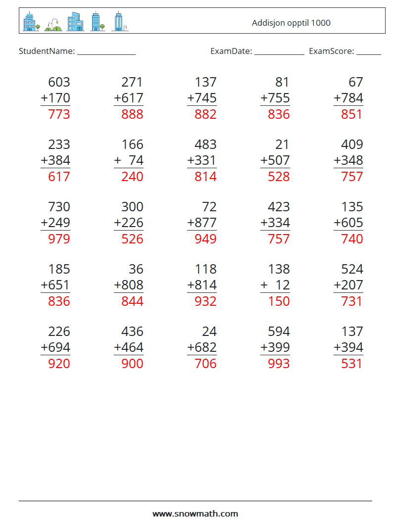 (25) Addisjon opptil 1000 MathWorksheets 17 QuestionAnswer