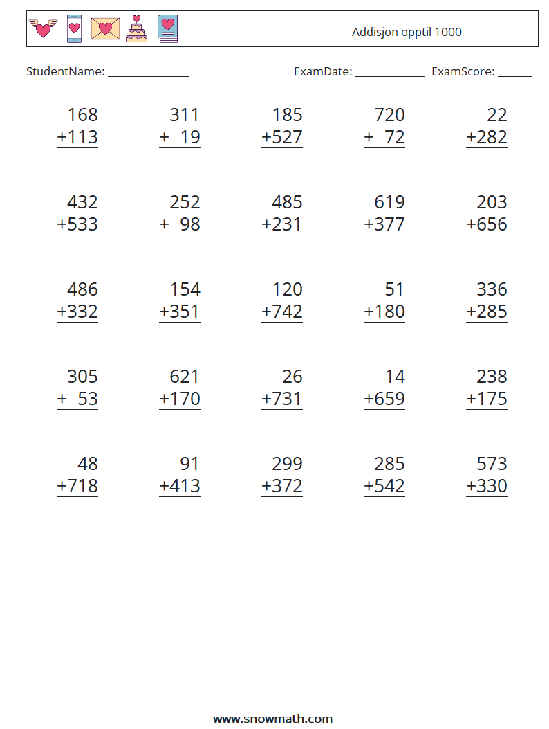 (25) Addisjon opptil 1000 MathWorksheets 18