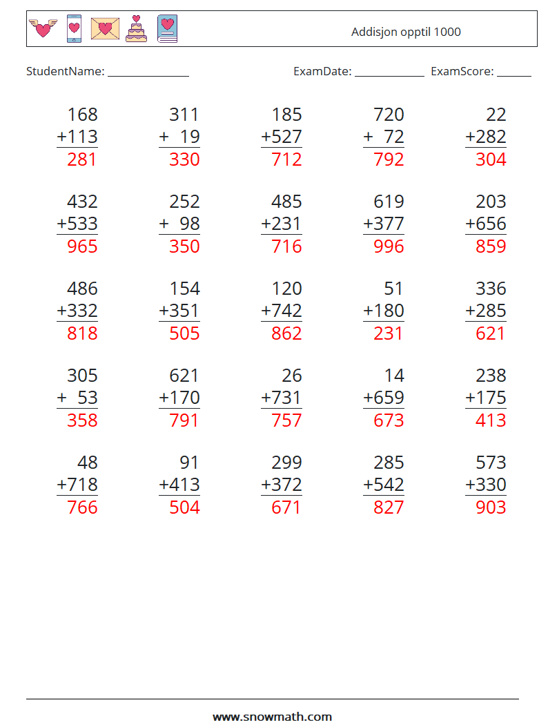 (25) Addisjon opptil 1000 MathWorksheets 18 QuestionAnswer