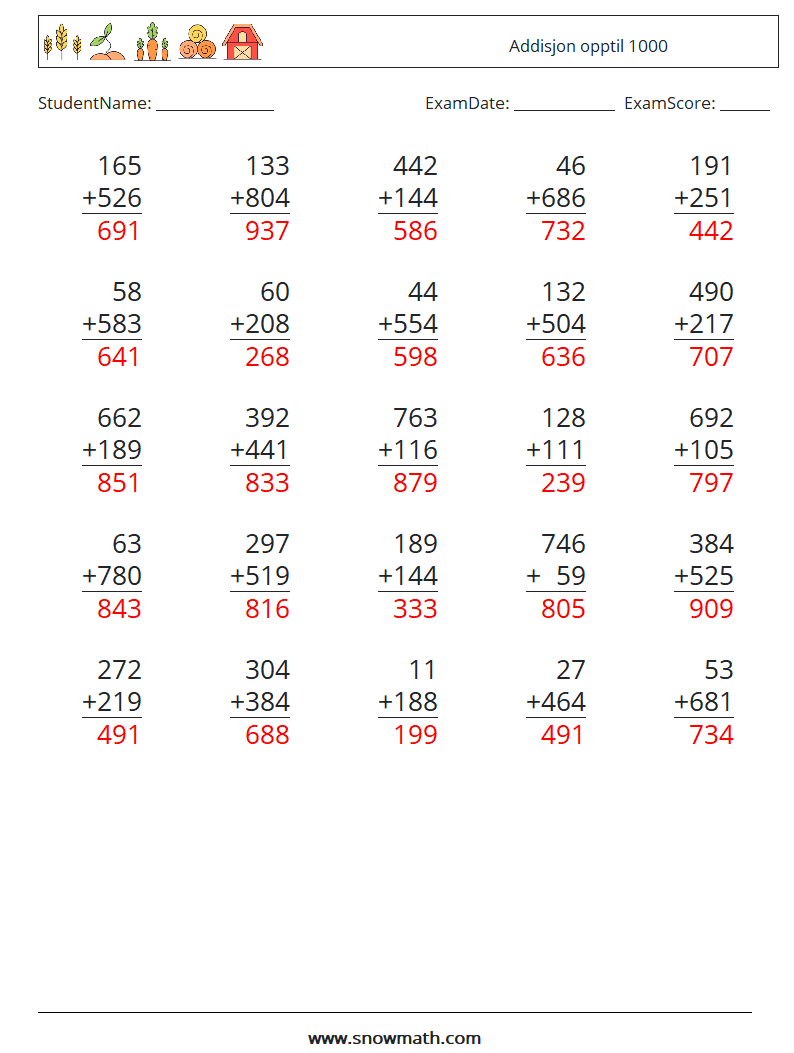 (25) Addisjon opptil 1000 MathWorksheets 1 QuestionAnswer