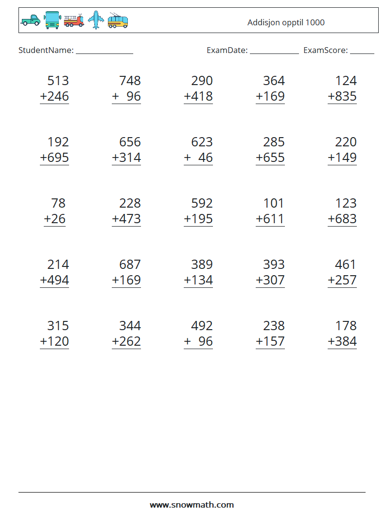 (25) Addisjon opptil 1000 MathWorksheets 2