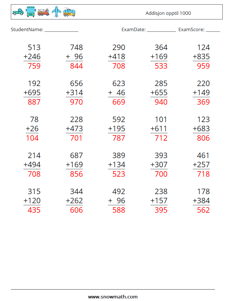 (25) Addisjon opptil 1000 MathWorksheets 2 QuestionAnswer