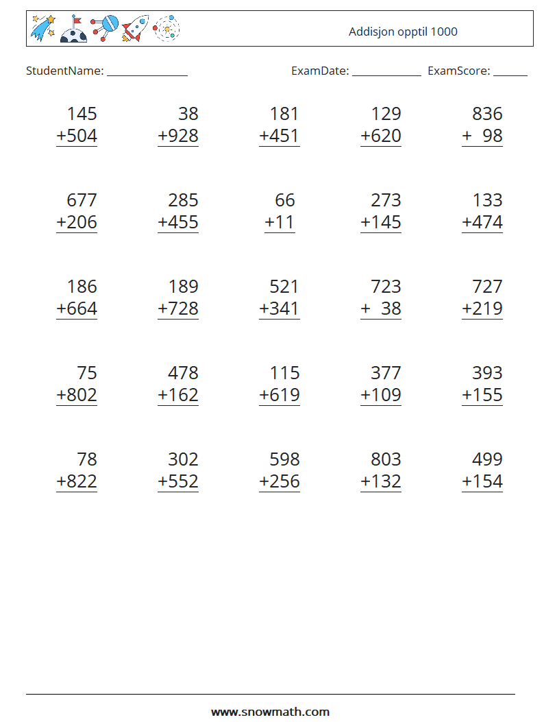 (25) Addisjon opptil 1000 MathWorksheets 3