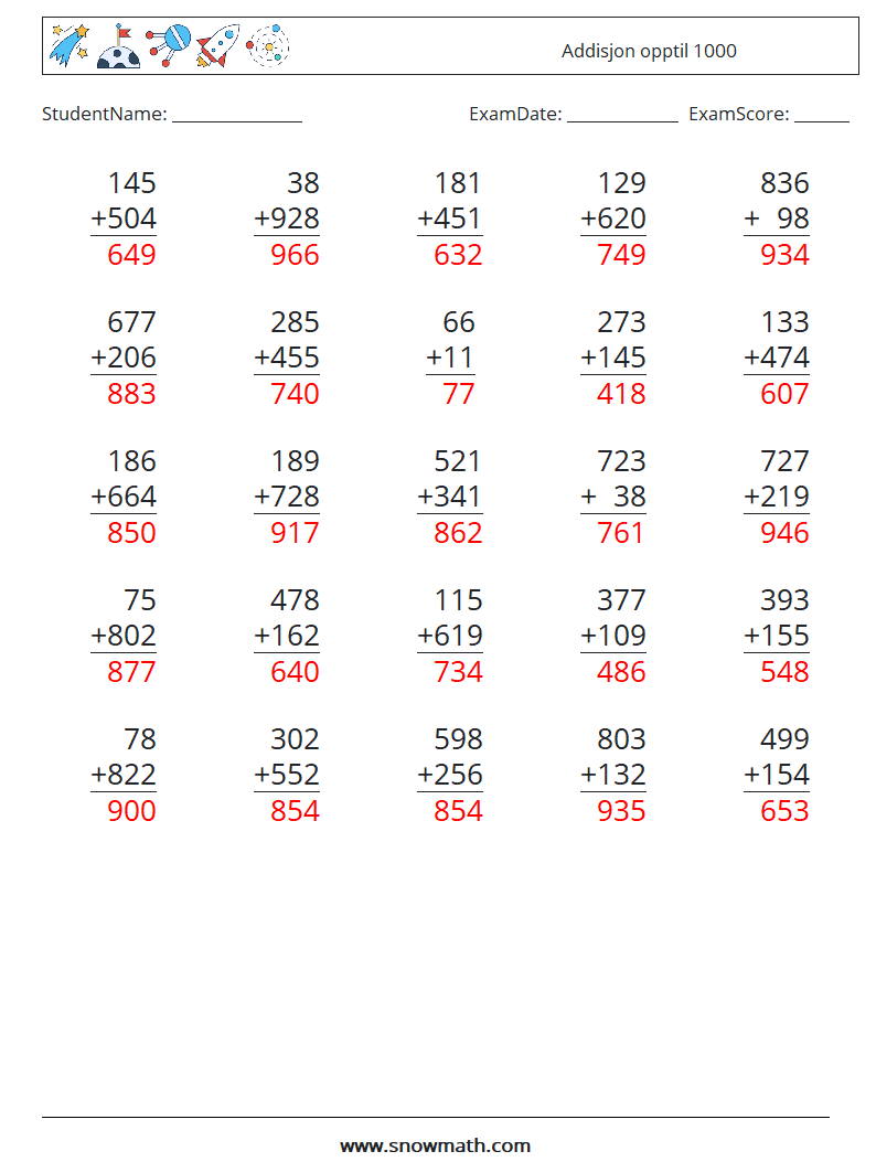 (25) Addisjon opptil 1000 MathWorksheets 3 QuestionAnswer