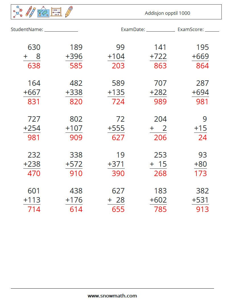 (25) Addisjon opptil 1000 MathWorksheets 4 QuestionAnswer