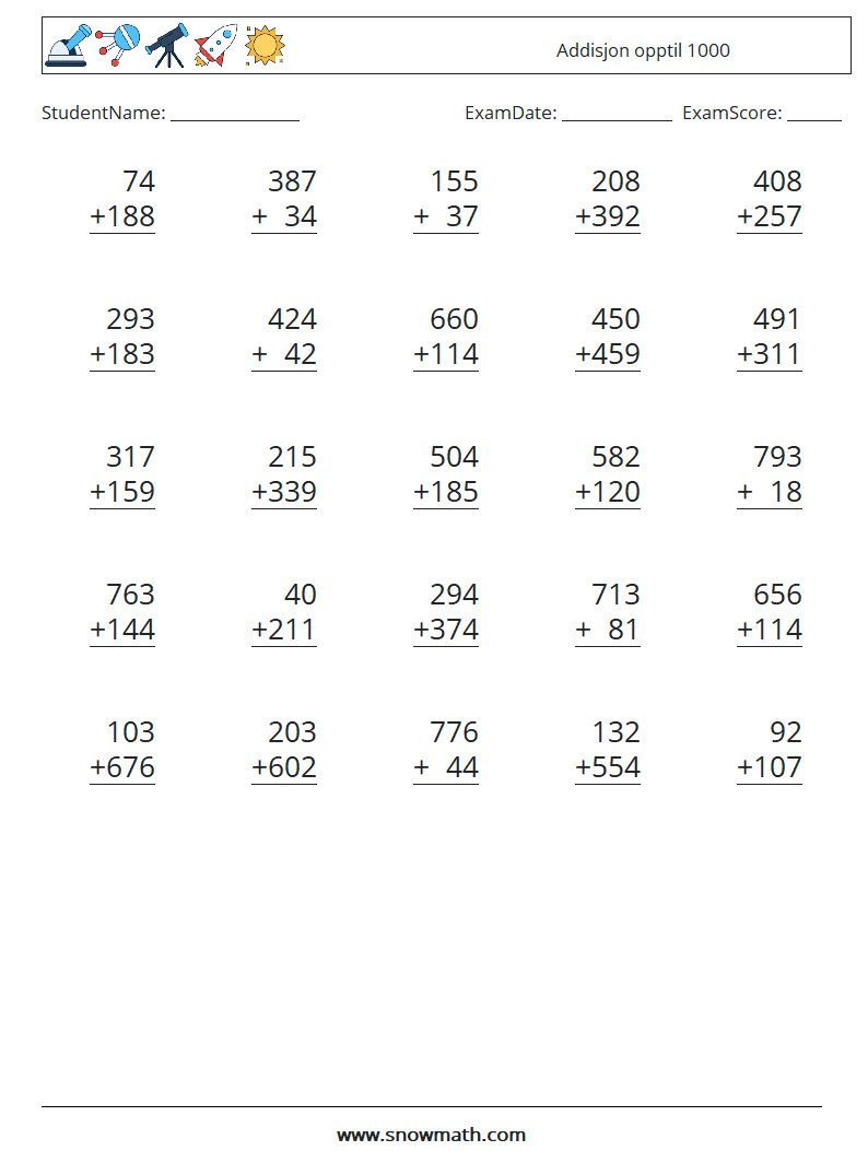 (25) Addisjon opptil 1000 MathWorksheets 5