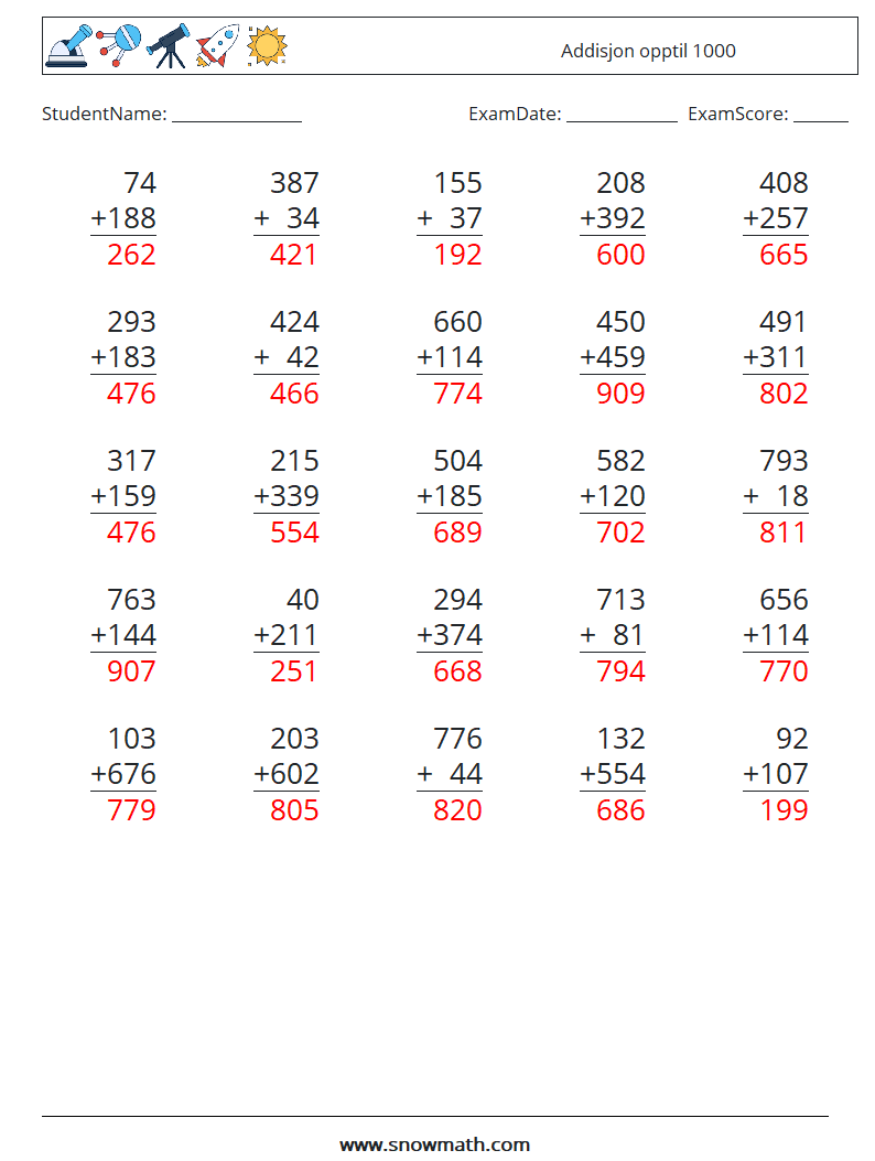 (25) Addisjon opptil 1000 MathWorksheets 5 QuestionAnswer