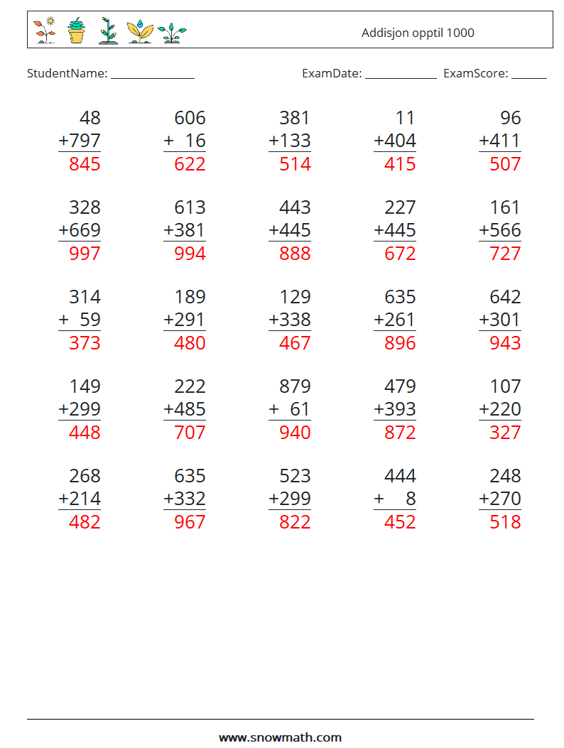 (25) Addisjon opptil 1000 MathWorksheets 6 QuestionAnswer