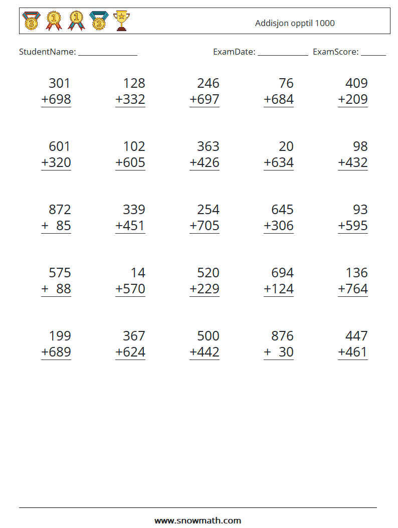 (25) Addisjon opptil 1000 MathWorksheets 7