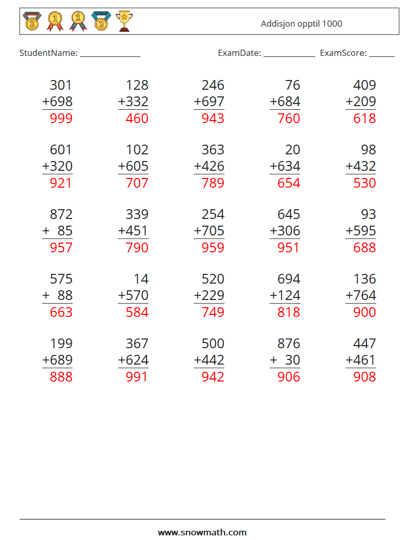 (25) Addisjon opptil 1000 MathWorksheets 7 QuestionAnswer