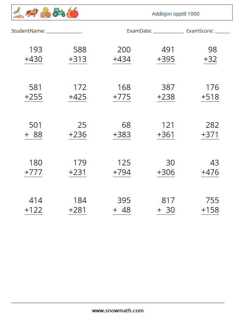 (25) Addisjon opptil 1000 MathWorksheets 8