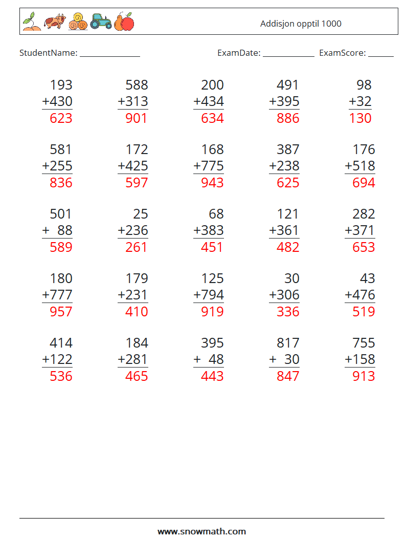 (25) Addisjon opptil 1000 MathWorksheets 8 QuestionAnswer