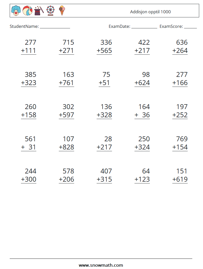 (25) Addisjon opptil 1000 MathWorksheets 9