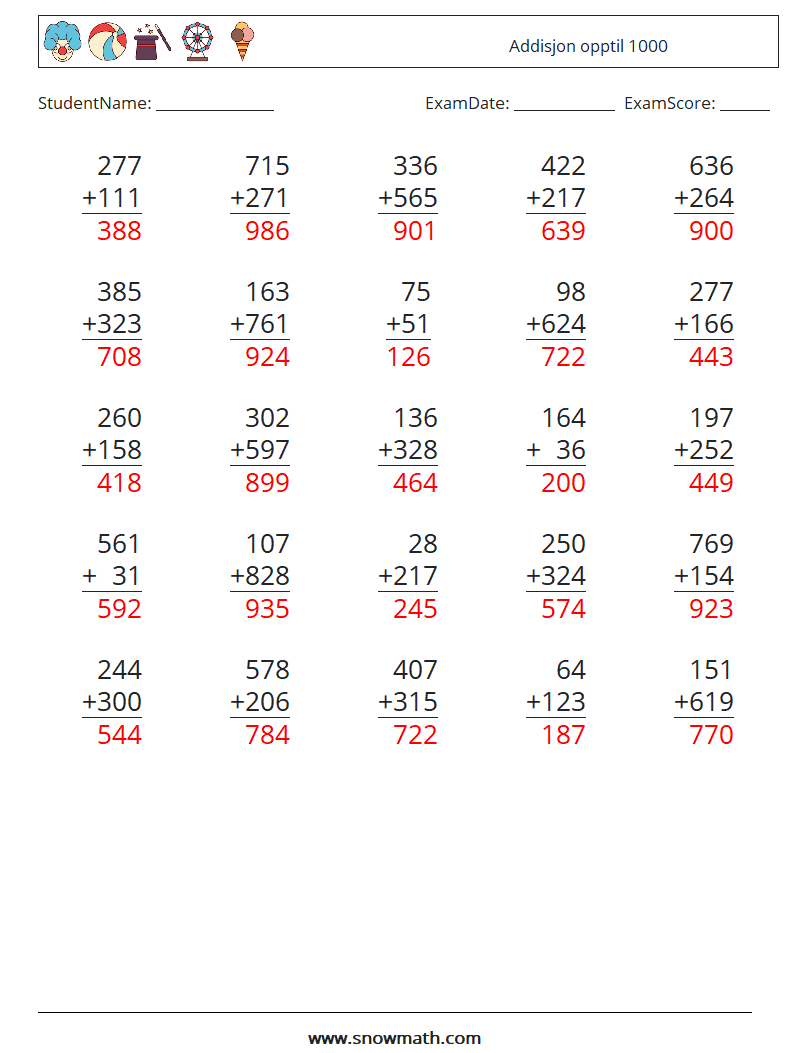 (25) Addisjon opptil 1000 MathWorksheets 9 QuestionAnswer