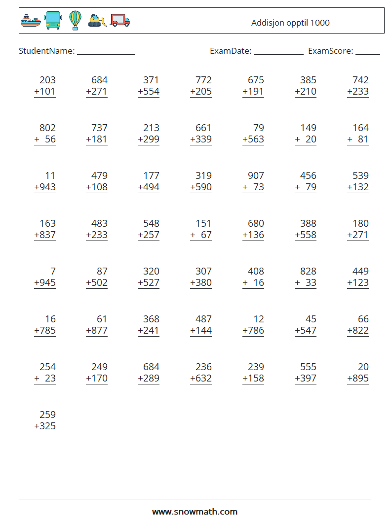 (50) Addisjon opptil 1000 MathWorksheets 1