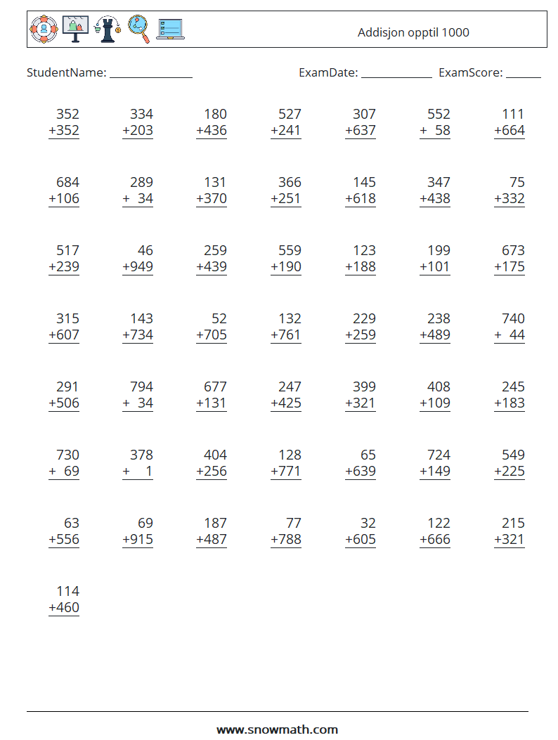 (50) Addisjon opptil 1000 MathWorksheets 10