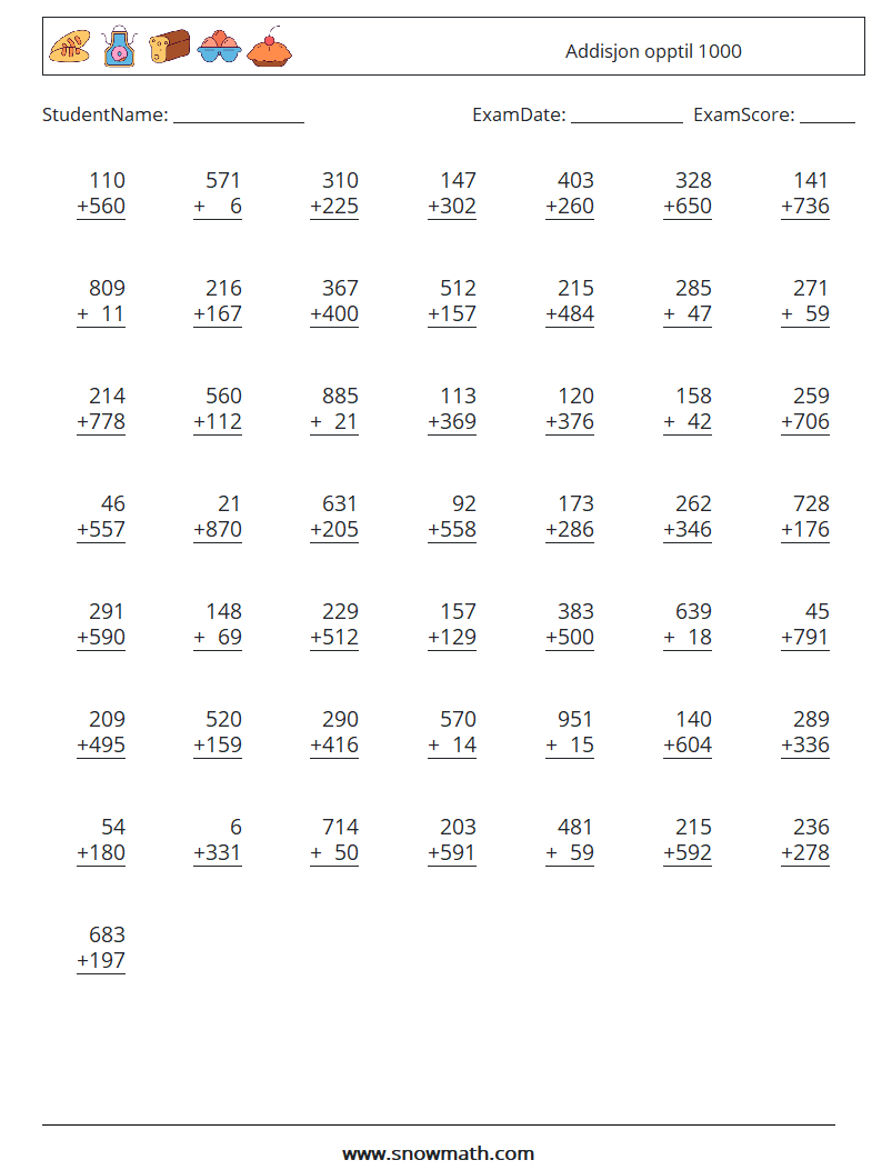 (50) Addisjon opptil 1000 MathWorksheets 11