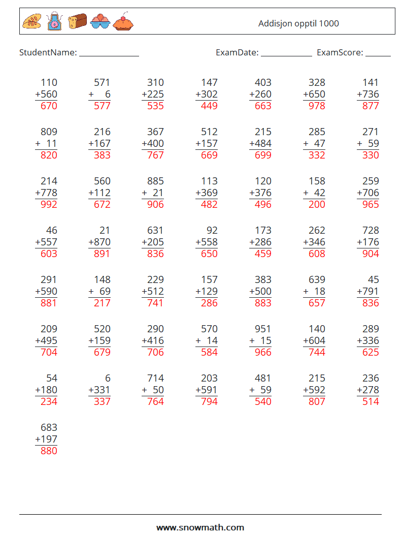 (50) Addisjon opptil 1000 MathWorksheets 11 QuestionAnswer