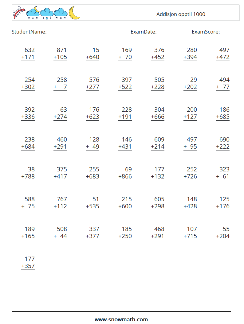 (50) Addisjon opptil 1000 MathWorksheets 13