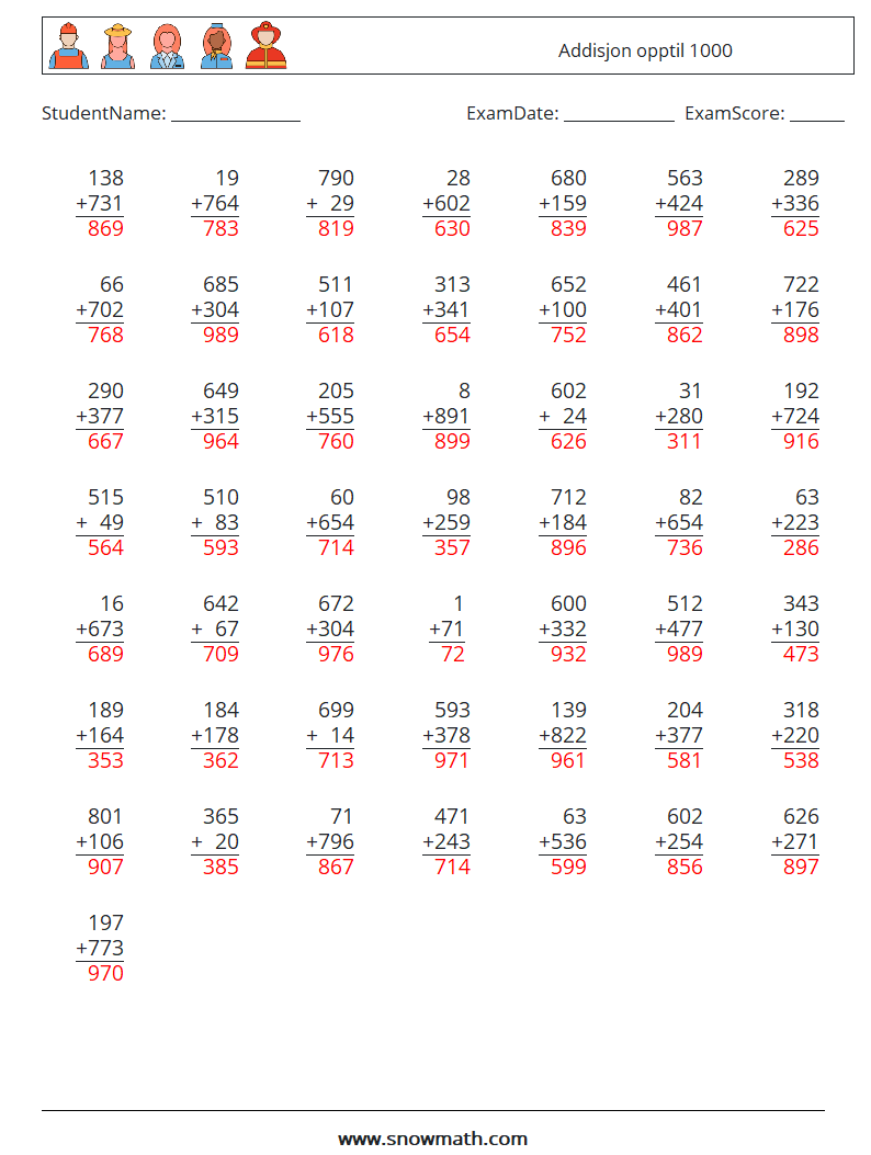 (50) Addisjon opptil 1000 MathWorksheets 14 QuestionAnswer