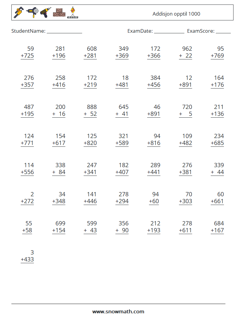 (50) Addisjon opptil 1000 MathWorksheets 15