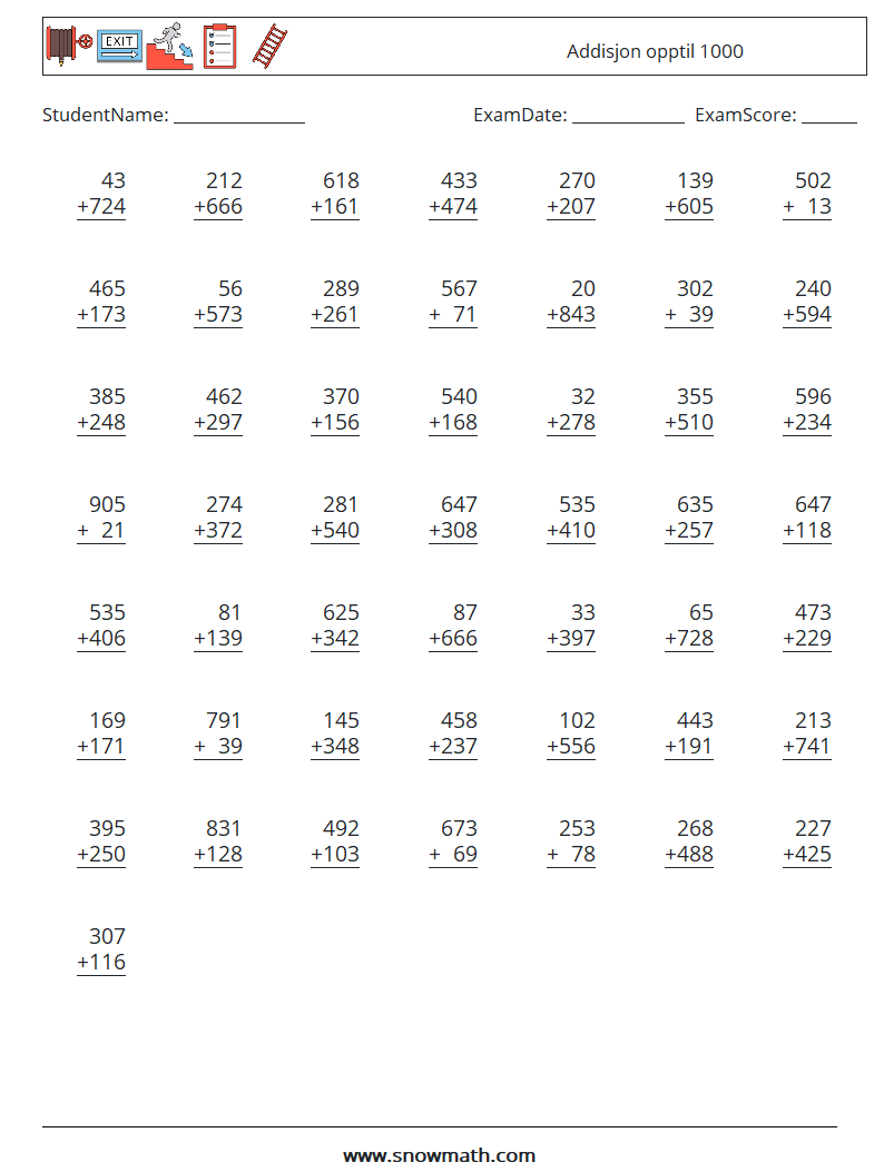 (50) Addisjon opptil 1000 MathWorksheets 16