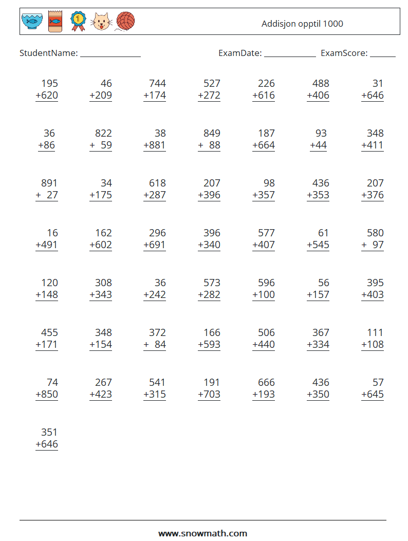 (50) Addisjon opptil 1000 MathWorksheets 17