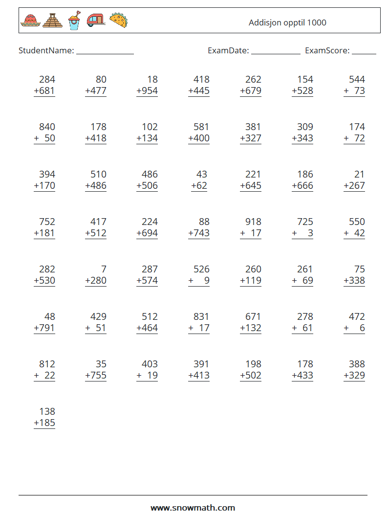 (50) Addisjon opptil 1000 MathWorksheets 18