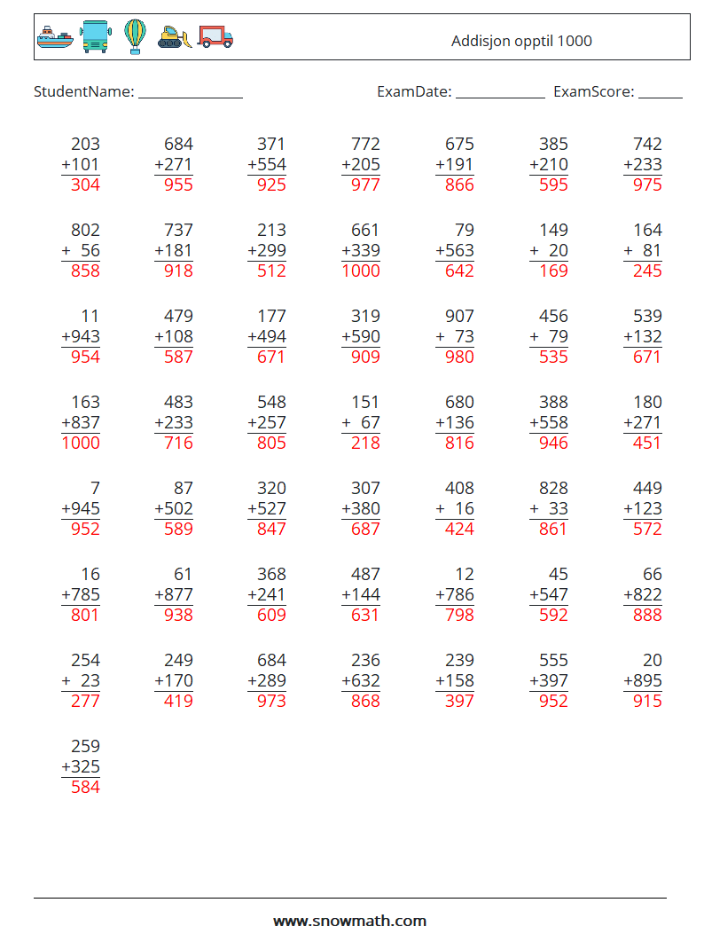 (50) Addisjon opptil 1000 MathWorksheets 1 QuestionAnswer