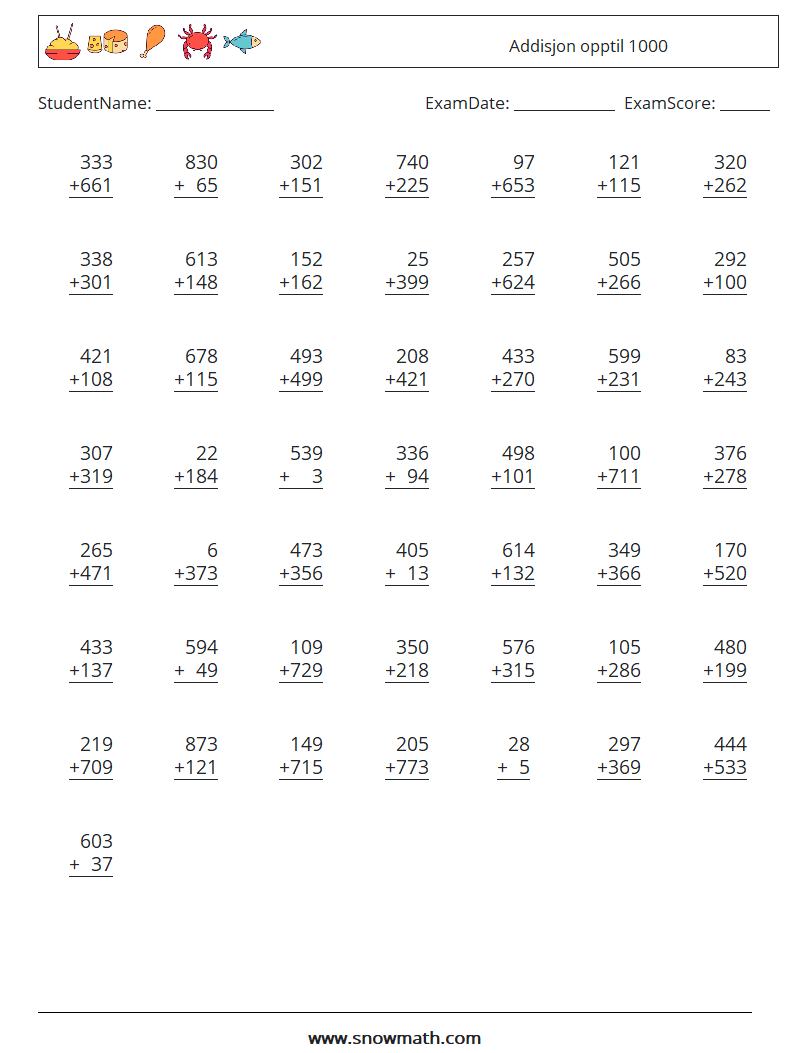 (50) Addisjon opptil 1000 MathWorksheets 2