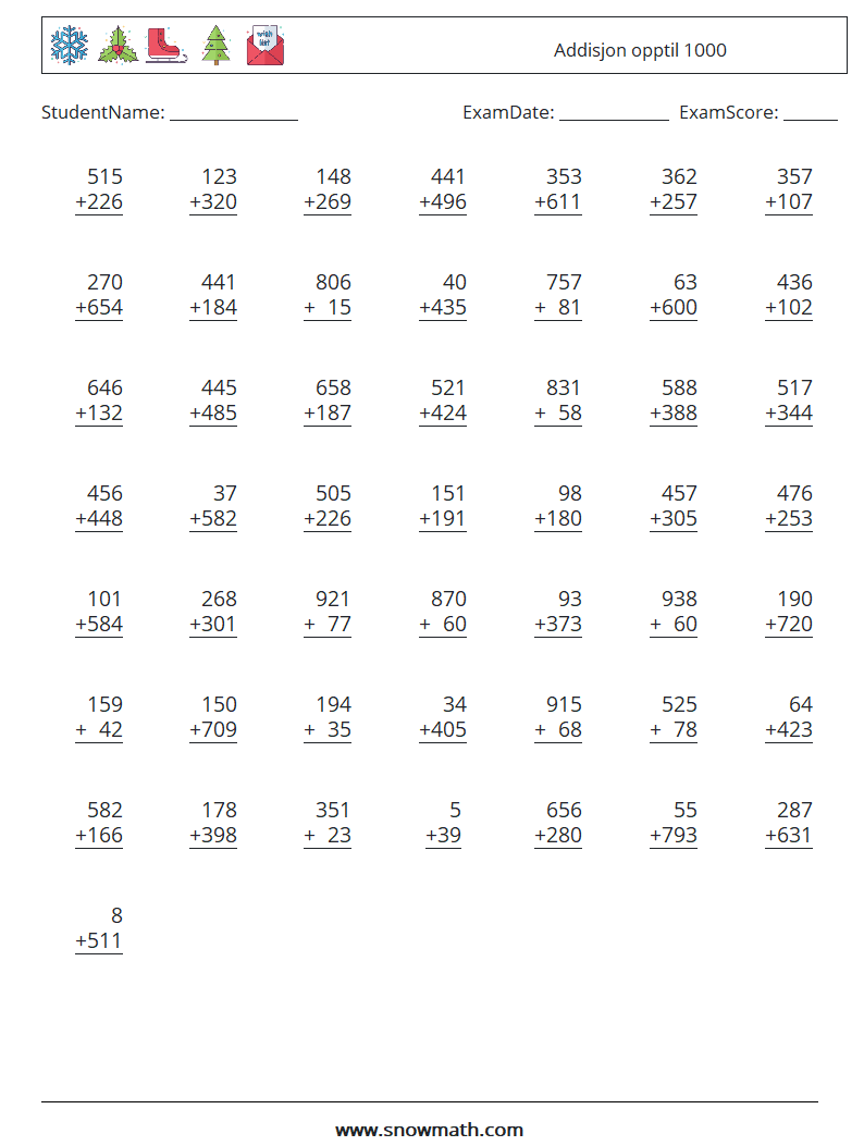 (50) Addisjon opptil 1000 MathWorksheets 3