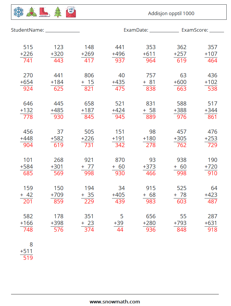 (50) Addisjon opptil 1000 MathWorksheets 3 QuestionAnswer