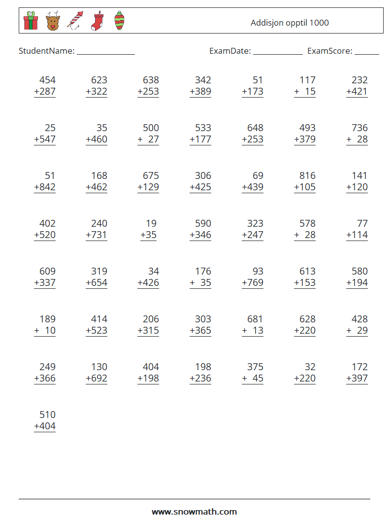 (50) Addisjon opptil 1000 MathWorksheets 4