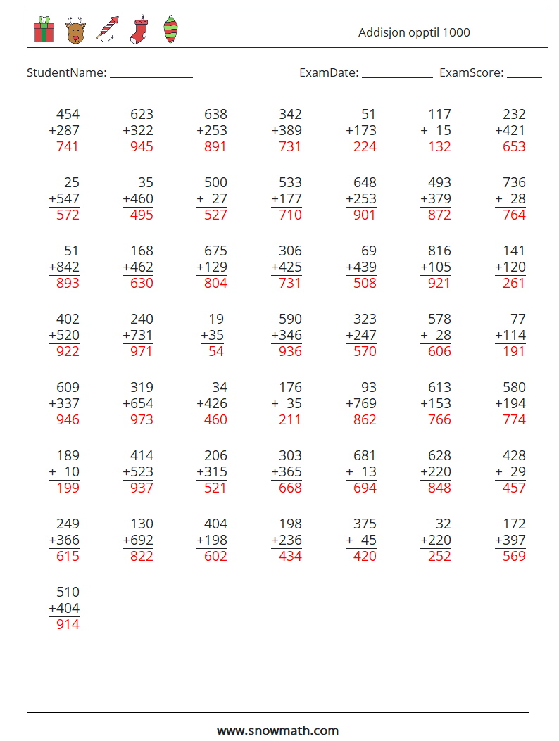 (50) Addisjon opptil 1000 MathWorksheets 4 QuestionAnswer