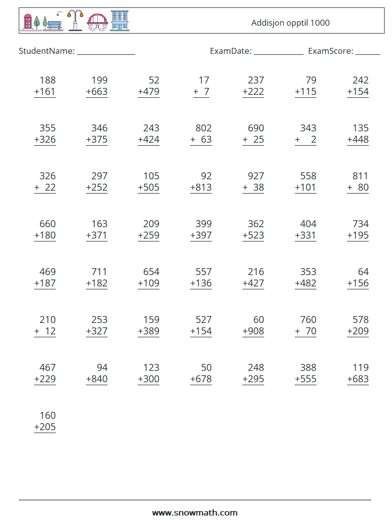 (50) Addisjon opptil 1000 MathWorksheets 5