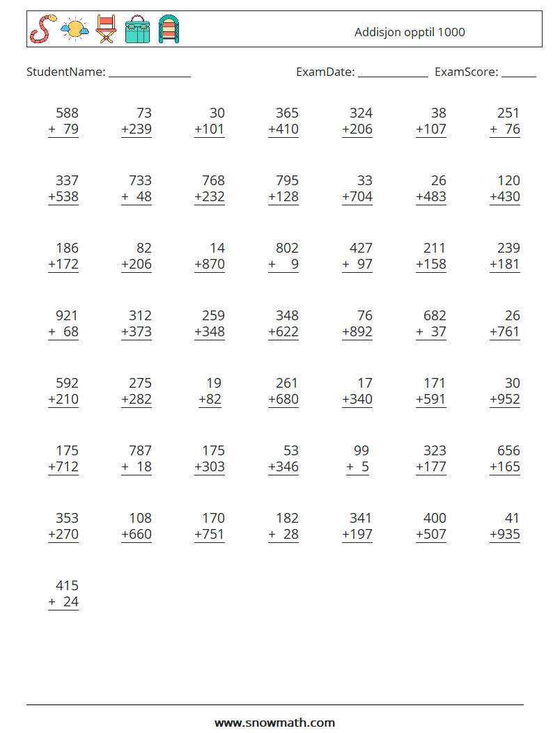 (50) Addisjon opptil 1000 MathWorksheets 6