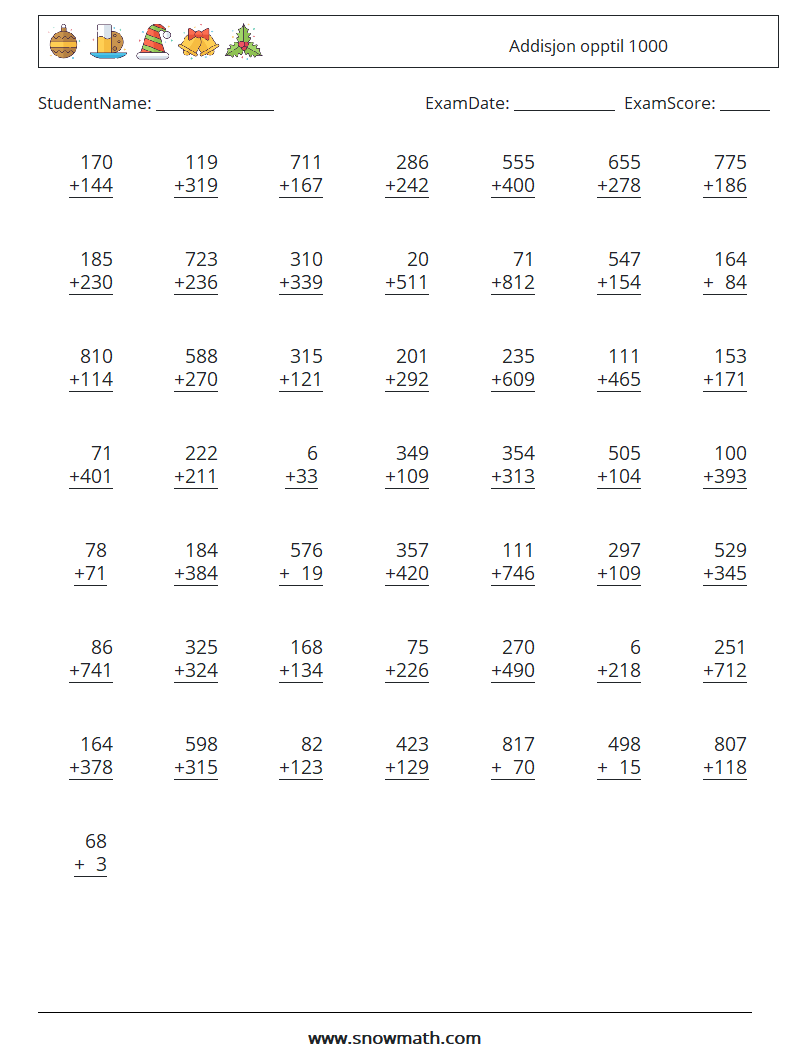 (50) Addisjon opptil 1000 MathWorksheets 7