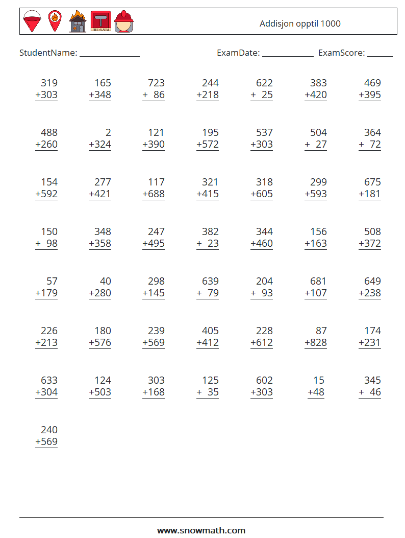 (50) Addisjon opptil 1000 MathWorksheets 8