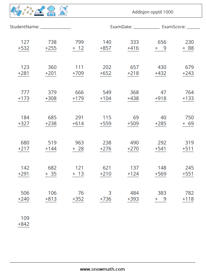 (50) Addisjon opptil 1000 MathWorksheets 9