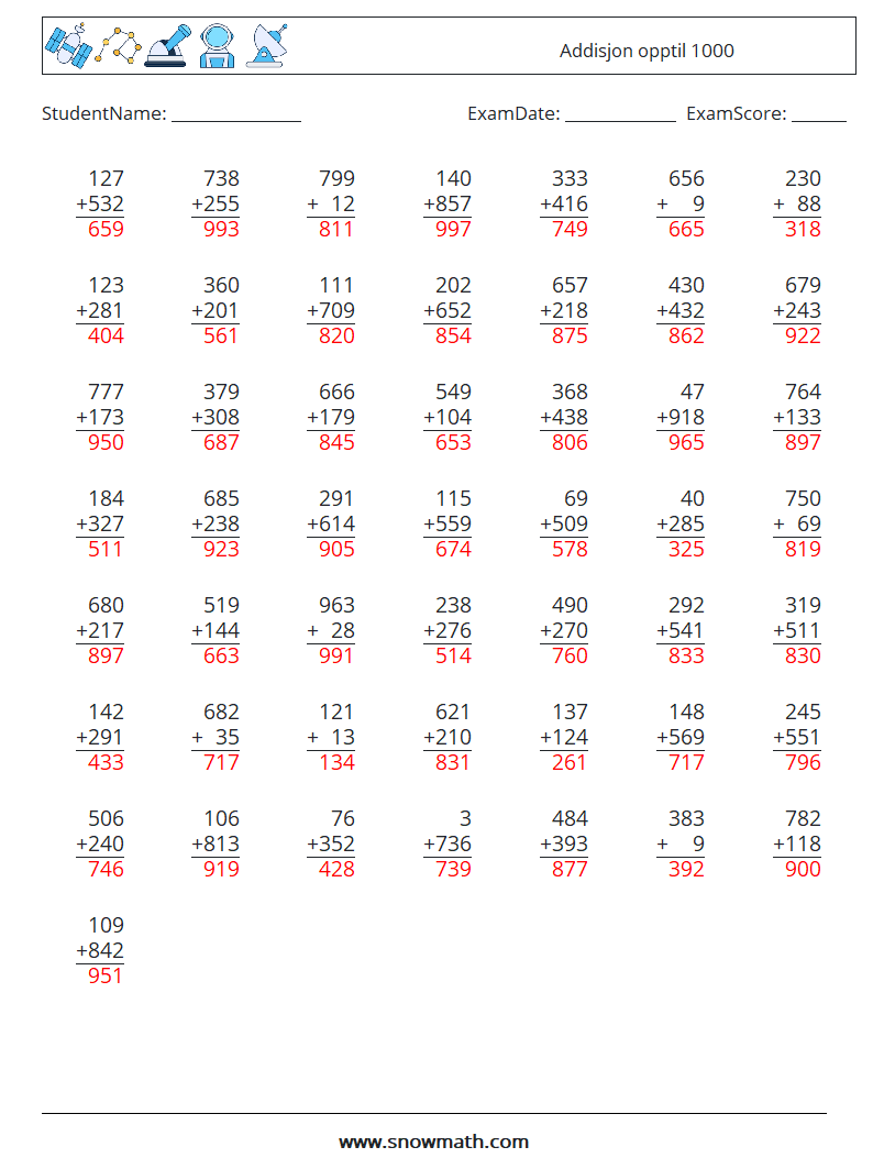 (50) Addisjon opptil 1000 MathWorksheets 9 QuestionAnswer