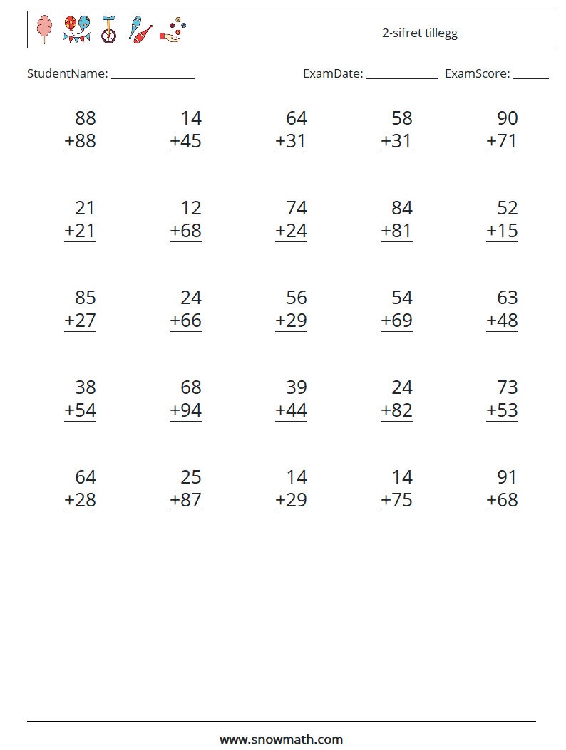 (25) 2-sifret tillegg MathWorksheets 1