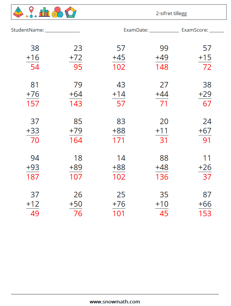 (25) 2-sifret tillegg MathWorksheets 10 QuestionAnswer