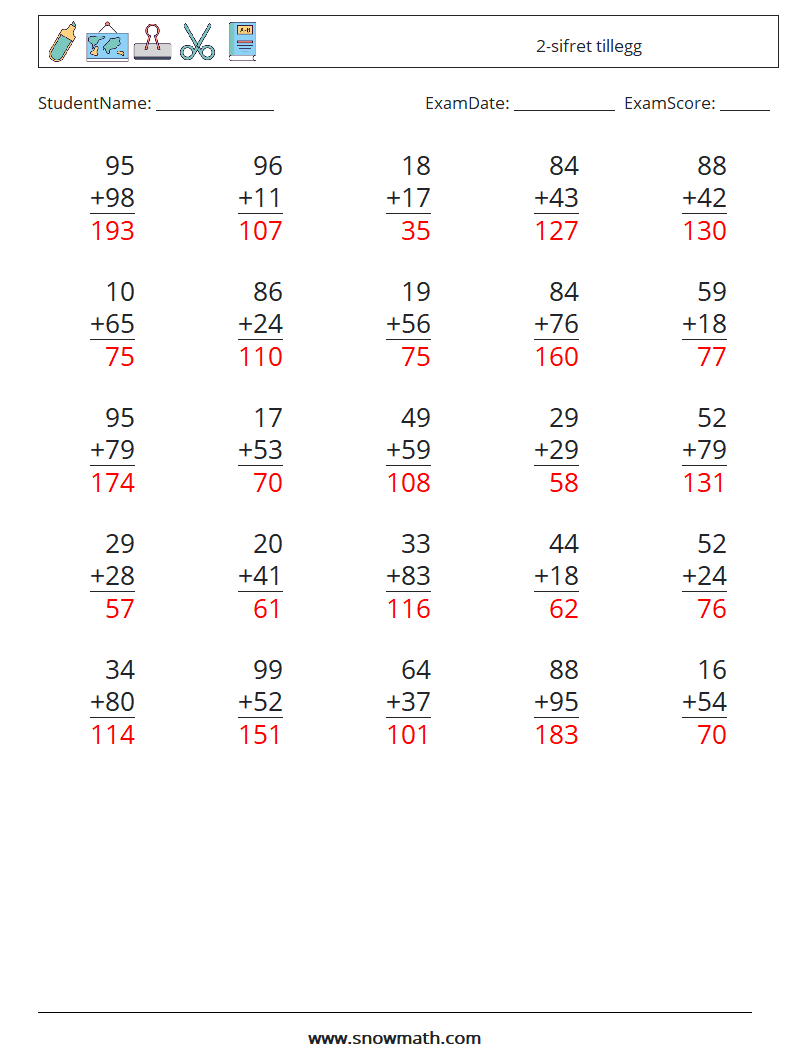 (25) 2-sifret tillegg MathWorksheets 11 QuestionAnswer