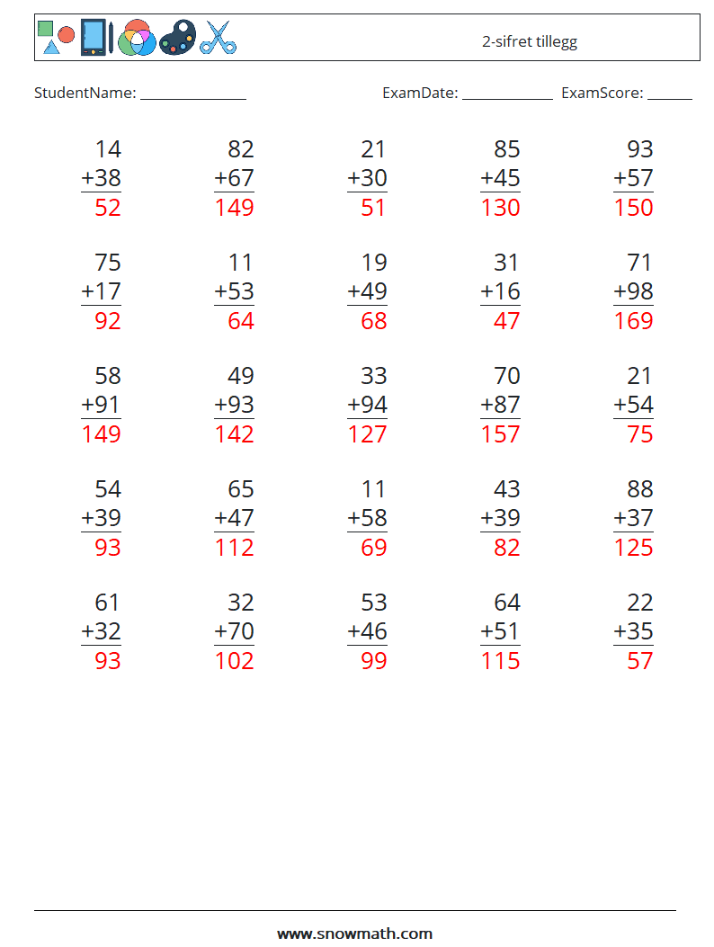 (25) 2-sifret tillegg MathWorksheets 12 QuestionAnswer
