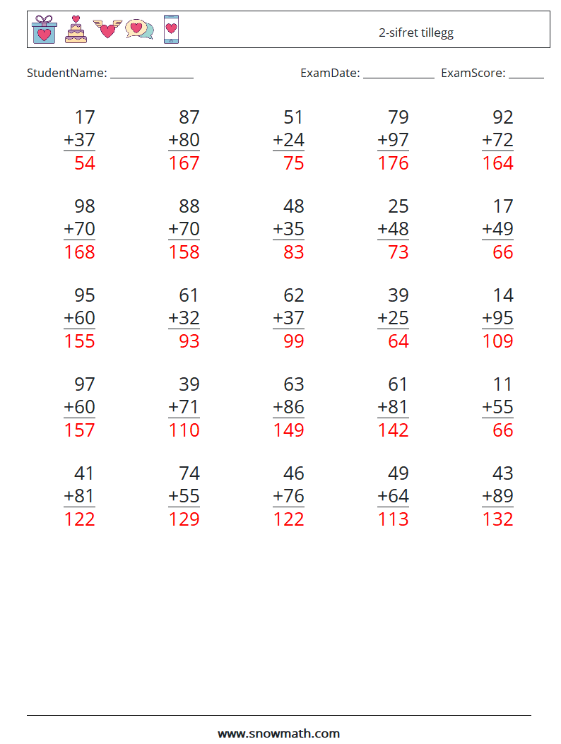 (25) 2-sifret tillegg MathWorksheets 18 QuestionAnswer