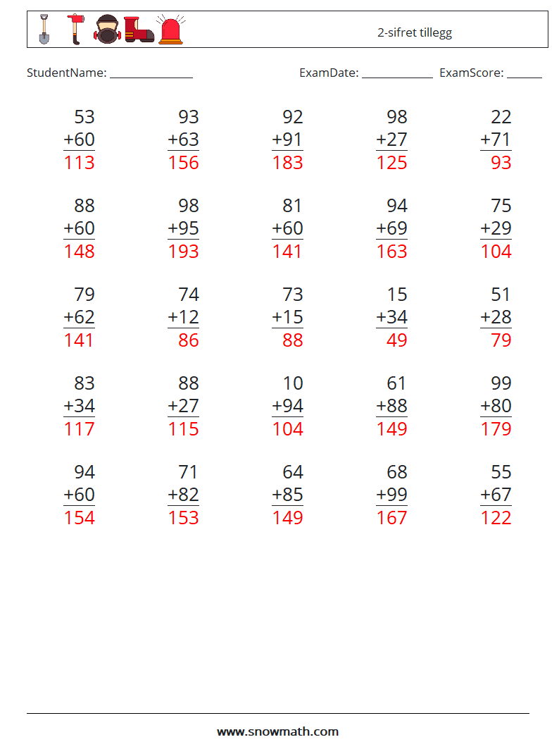 (25) 2-sifret tillegg MathWorksheets 2 QuestionAnswer