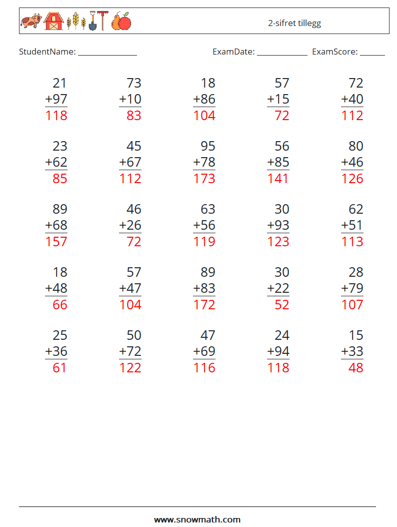 (25) 2-sifret tillegg MathWorksheets 3 QuestionAnswer